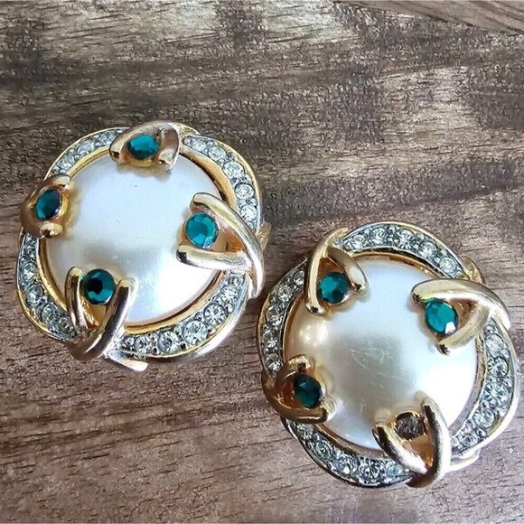 Vintage Birdcage Rhinestone Crystal Button Gold Green Faux Pearl Earrings - Picture 1 of 6